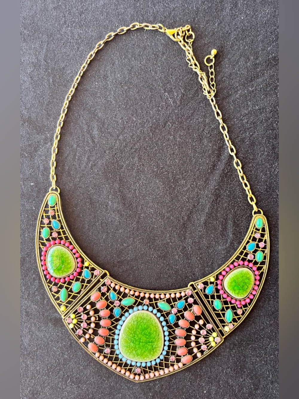 Vibrant Green Statement Necklace with Pink & Turquoise Accents - Unbranded